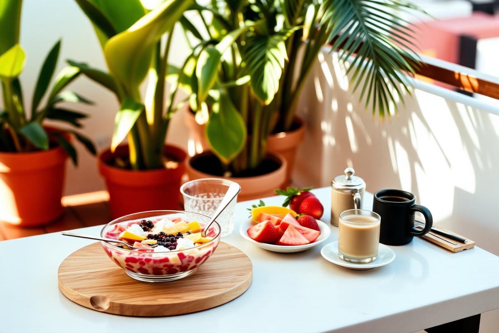 Table de brunch avec bowl açaí, avocado toast et café de spécialité, vue sur la plage de Rio de Janeiro