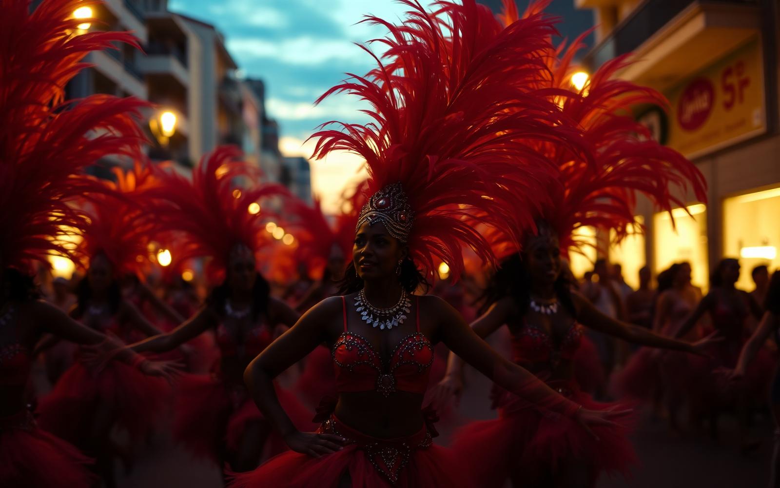 Danseuses de samba en costumes rouges au Carnaval de Rio