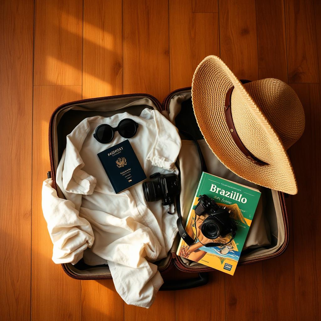 Valise ouverte préparée pour un voyage à Rio de Janeiro avec passeport et accessoires de voyage