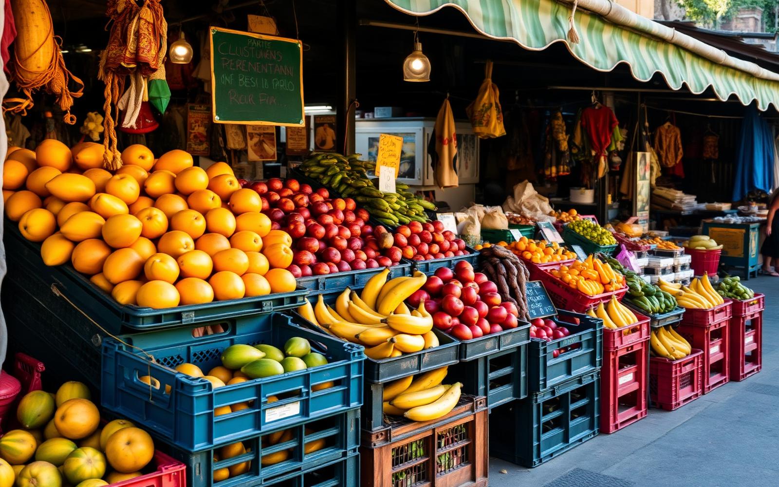 Étal coloré de fruits tropicaux dans une feira de rue à Rio de Janeiro