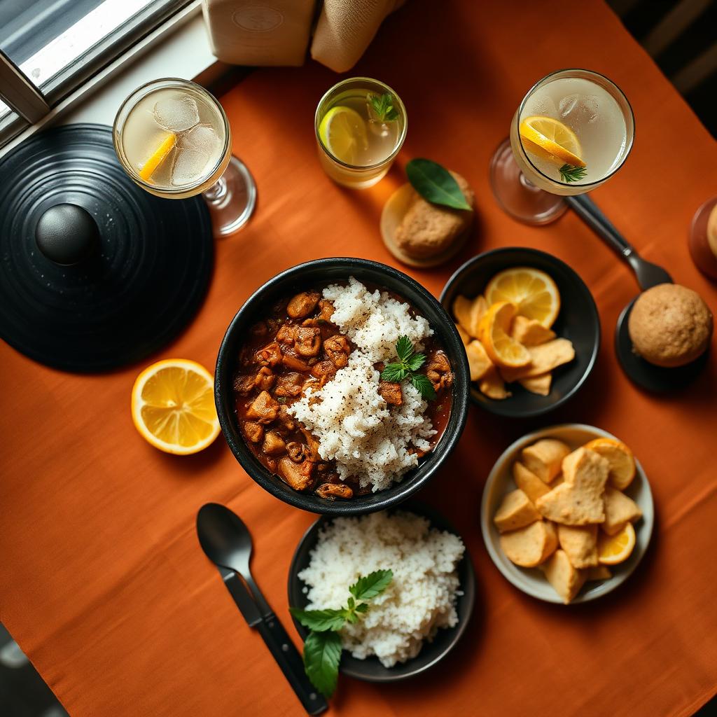 Table dressée avec plats typiques brésiliens, feijoada, riz et fruits de mer, à Rio de Janeiro