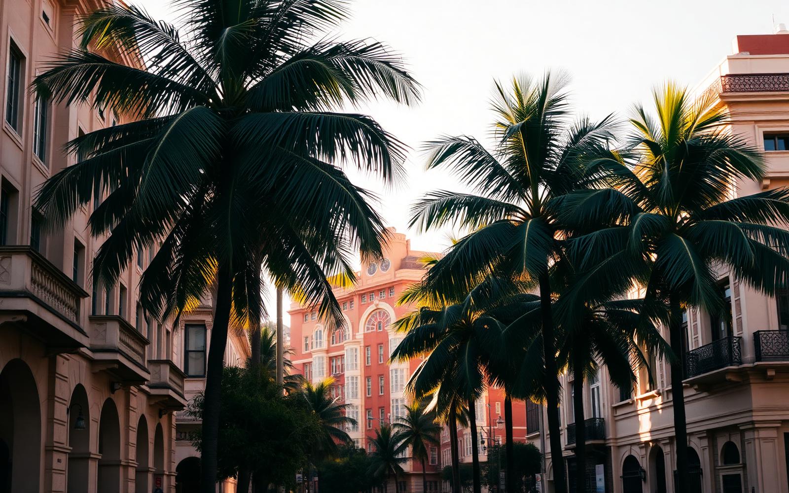 Rue bordée de palmiers à Ipanema, Rio de Janeiro, au coucher du soleil