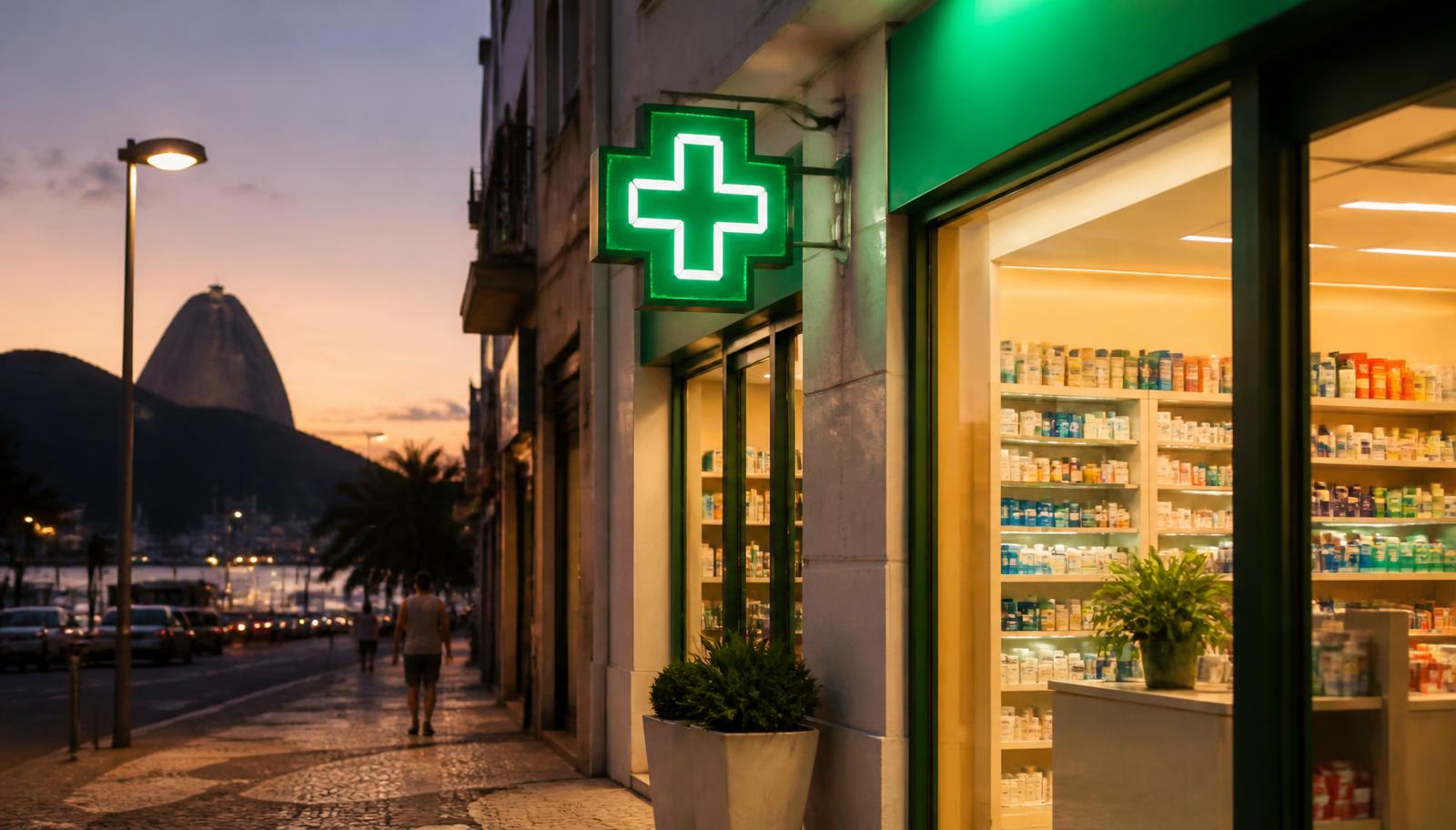 Enseigne lumineuse d'une pharmacie de nuit à Rio de Janeiro