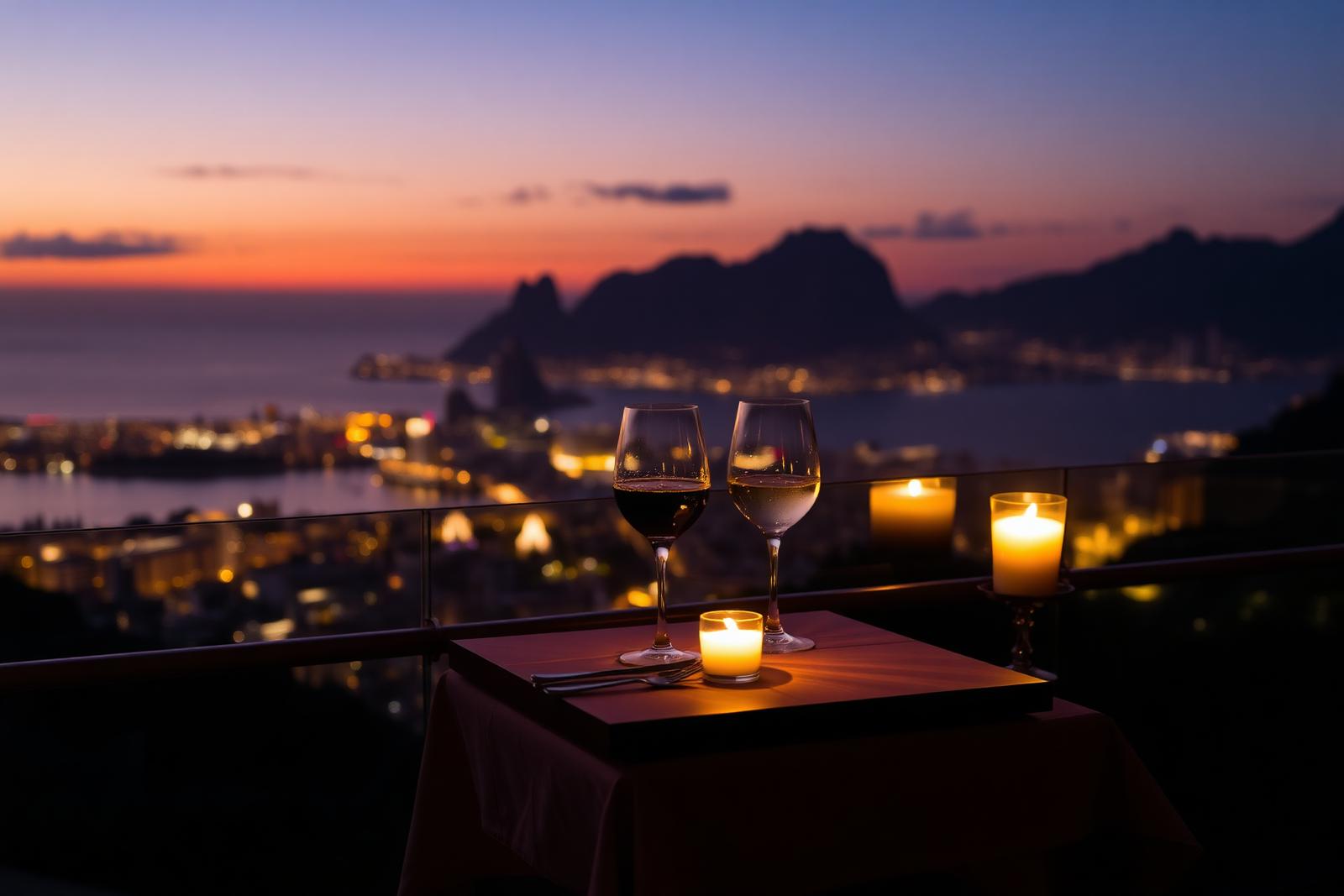 Table de dîner romantique aux chandelles avec vue sur la baie de Guanabara au coucher du soleil, Rio de Janeiro