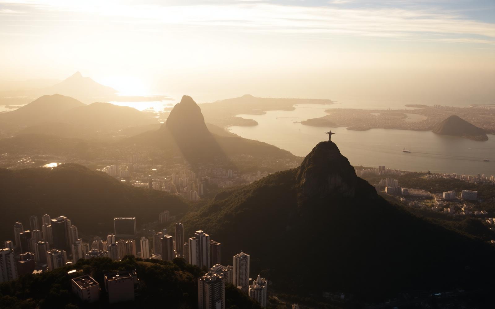 Vue aérienne de la baie de Guanabara et des collines de Rio de Janeiro au coucher du soleil