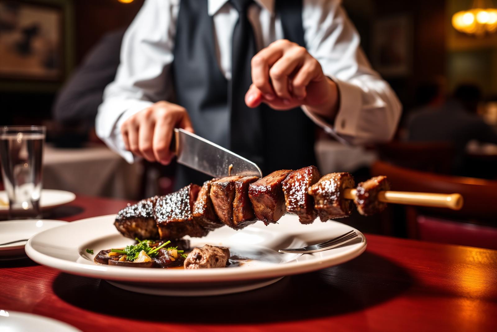 Viande grillée à la broche servie dans une churrascaria de Rio de Janeiro
