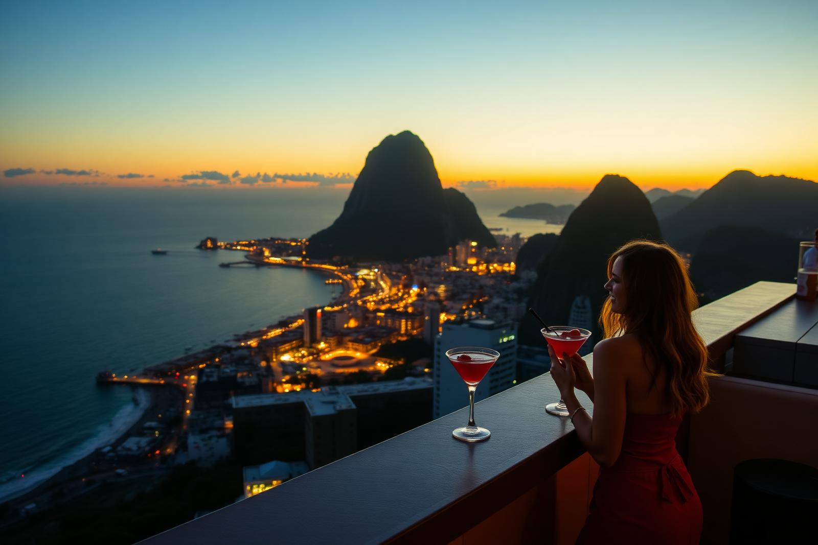 Cocktails sur une table de rooftop avec vue sur le coucher de soleil et le Pain de Sucre, Rio de Janeiro