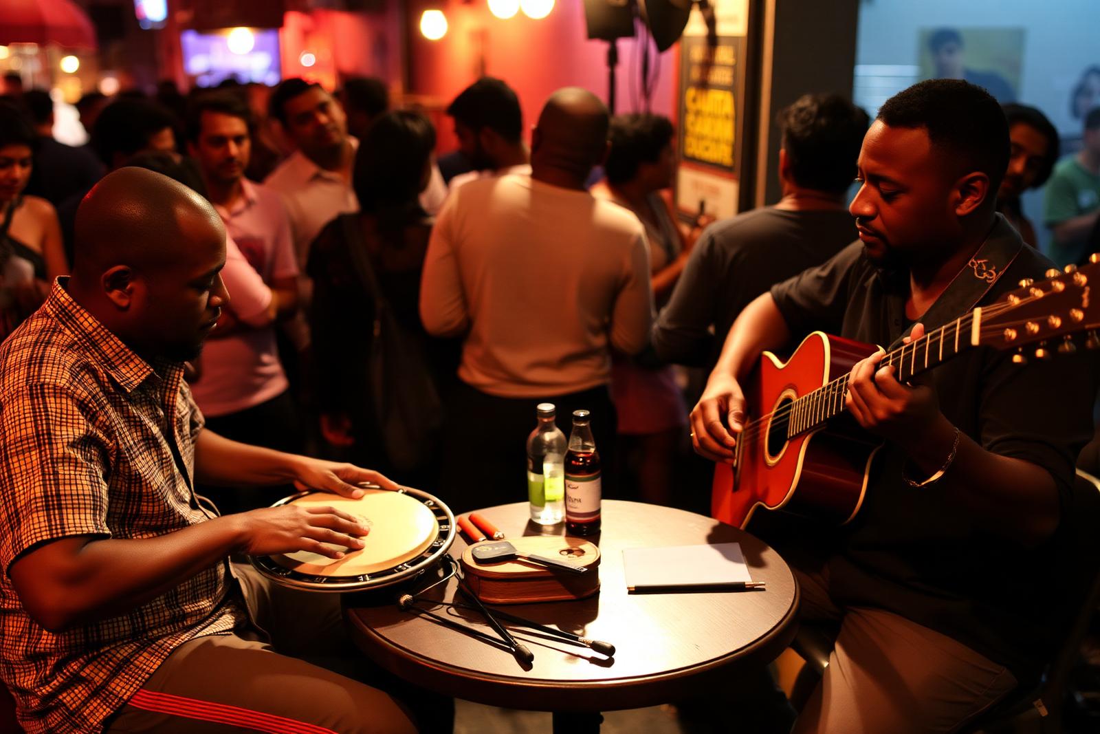Musiciens jouant du cavaquinho et du surdo lors d'une roda de samba de rue à Lapa, Rio de Janeiro