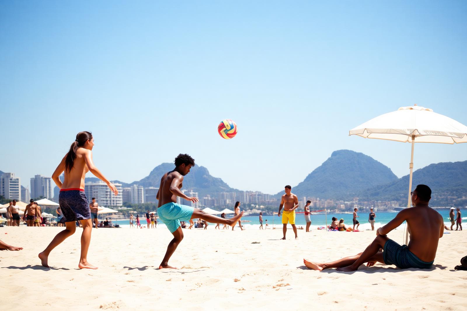 Promeneurs sur la plage de Rio de Janeiro au coucher du soleil, ambiance carioca