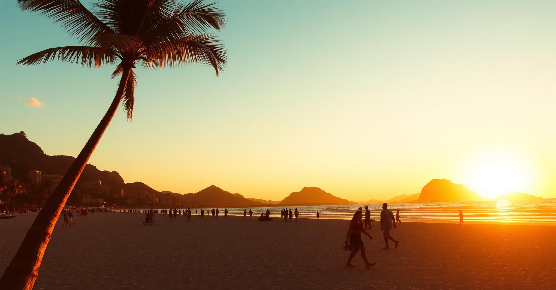 Plage animée de Rio de Janeiro au coucher du soleil avec des promeneurs