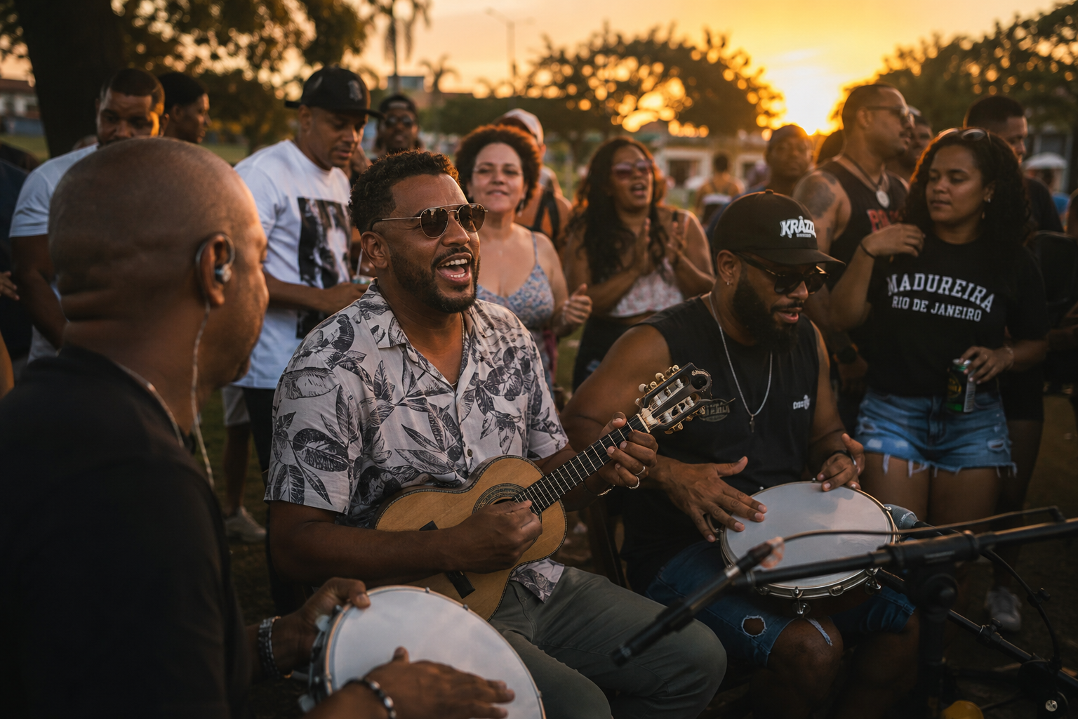 Roda de pagode au coucher du soleil à Madureira, Rio de Janeiro — musiciens au cavaquinho et au pandeiro entourés du public qui chante